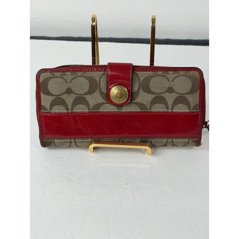 Coach Vintage 41631 Signature Jacquard Red Leather Accordion Zip Wallet